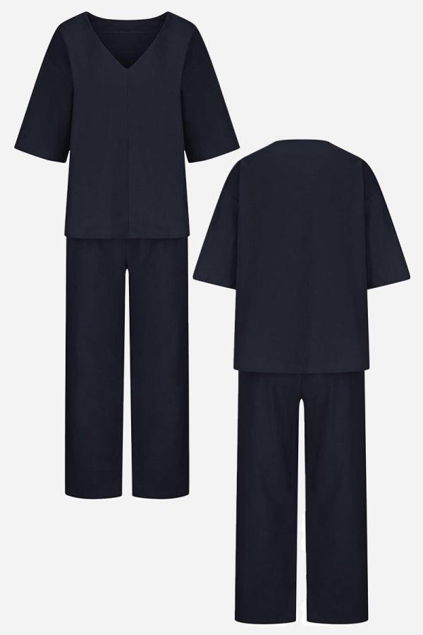 Women's V-Neck Batwing Top with Relaxed Fit and Straight-Leg Trousers
