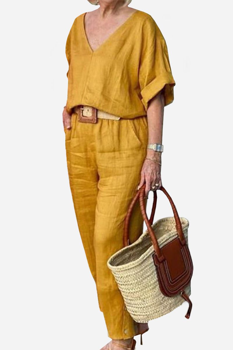 Women's V-Neck Batwing Top with Relaxed Fit and Straight-Leg Trousers