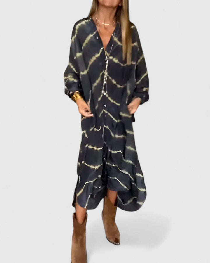 Women's Button-Down Midi Shirt Dress with Tie-Dye Print and Short Sleeves