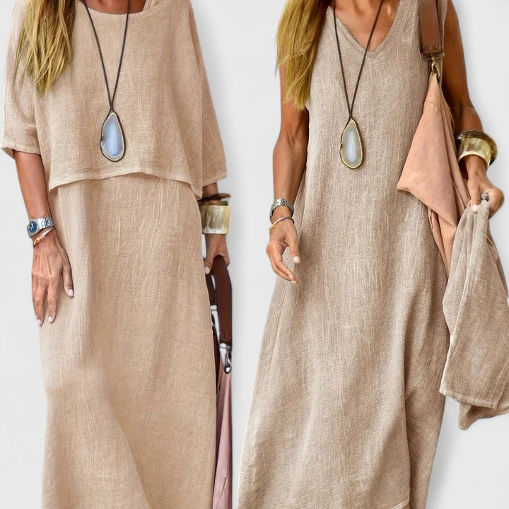 Women's Two-Piece Maxi Dress with Short Sleeve Top and Versatile Style