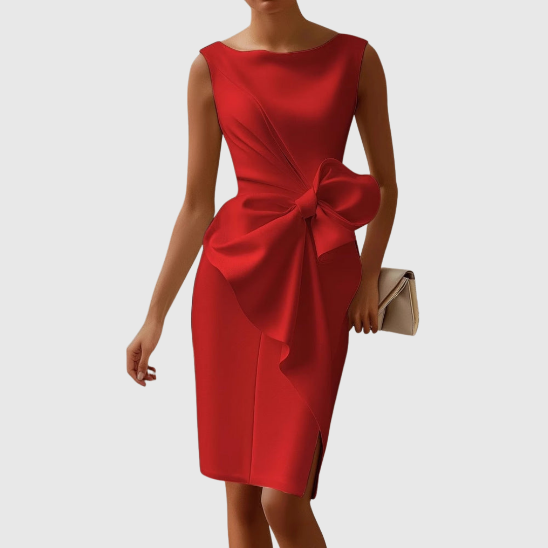 Women's Boat Neck Midi Dress with Sleeveless Design and Bow Detail