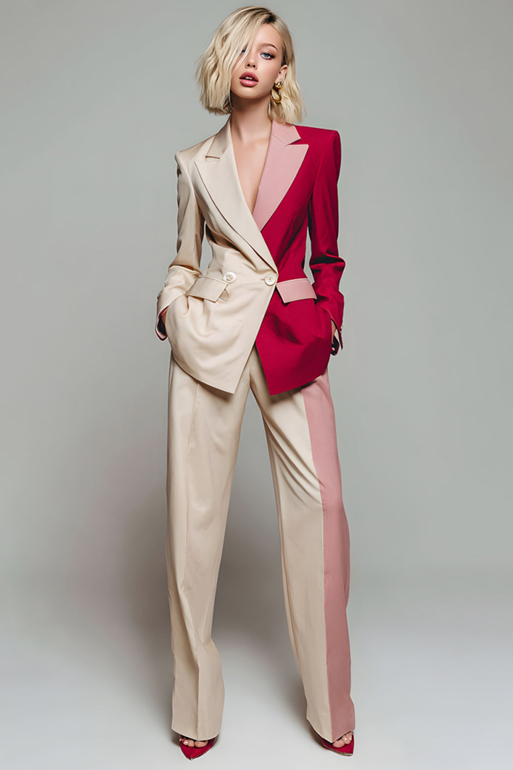 Women's Two-Button Notch Lapel Blazer and Wide-Leg Pants Dressy Set with Colorblock Panel | Two-Piece