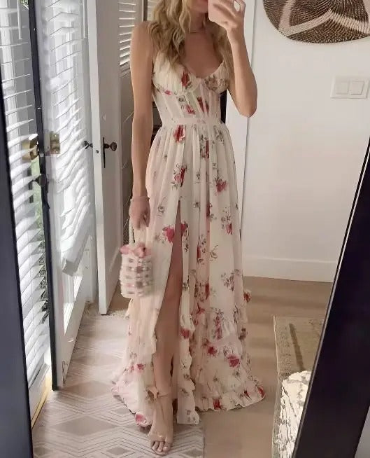 Women's Floral Dress with Short Sleeves and A-Line Skirt