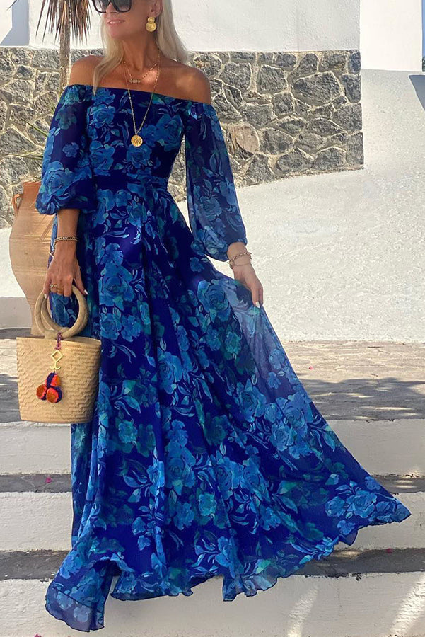 Women's Off Shoulder Maxi Dress with Floral Print and Flowing Design