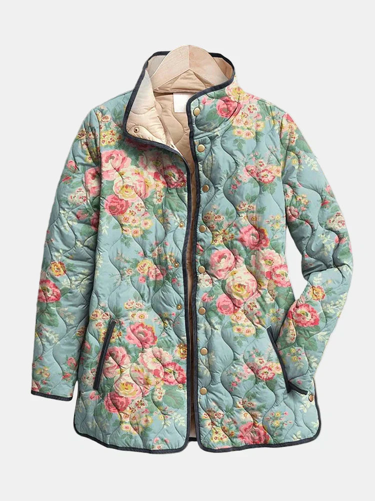 Women's Floral Print Jacket with Quilted Design and Lightweight Fabric