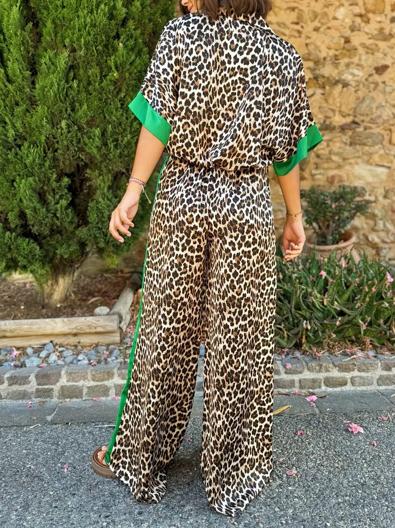 Women's Wide Leg Pants with Fluid Design and Leopard Print