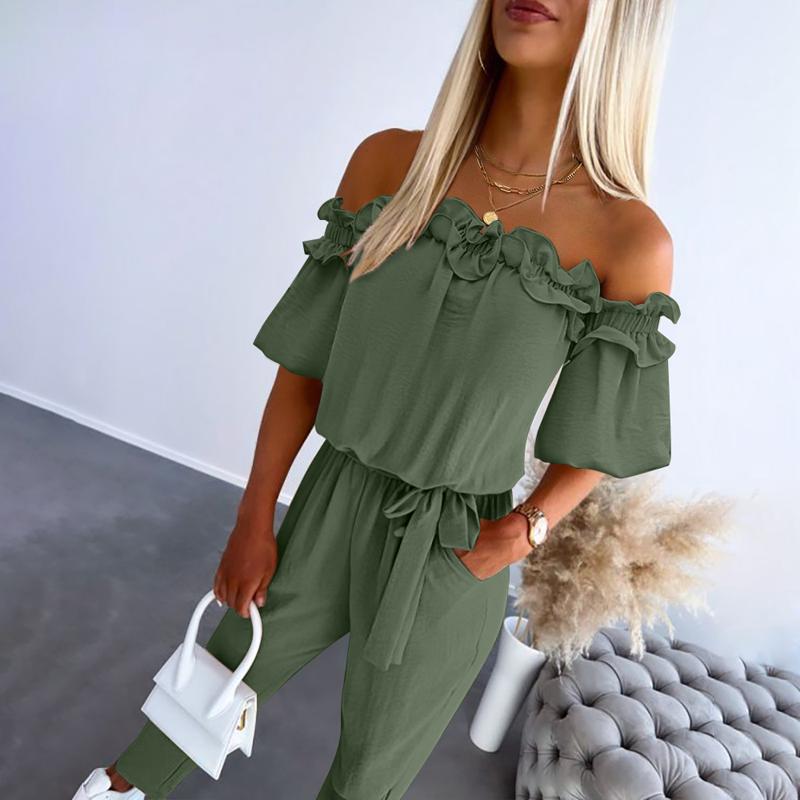 Women's Off-Shoulder Jumpsuit with Frill Detail and Tie Waist
