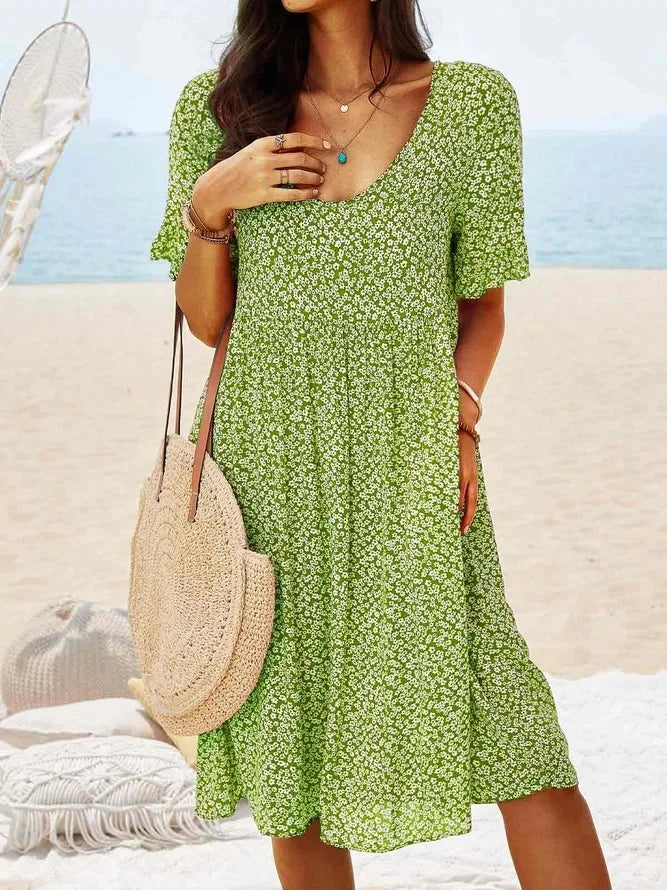 Women's Ditsy Floral Smock Dress with V-Neck and Short Sleeves