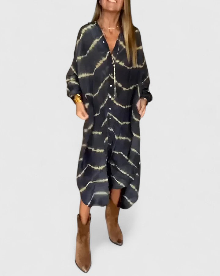Women's Button-Down Midi Shirt Dress with Tie-Dye Print and Short Sleeves