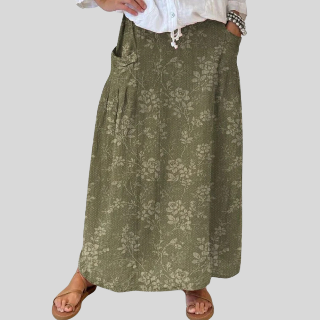 Women's Floral Pocket Skirt with Elastic Waistband and Versatile Style