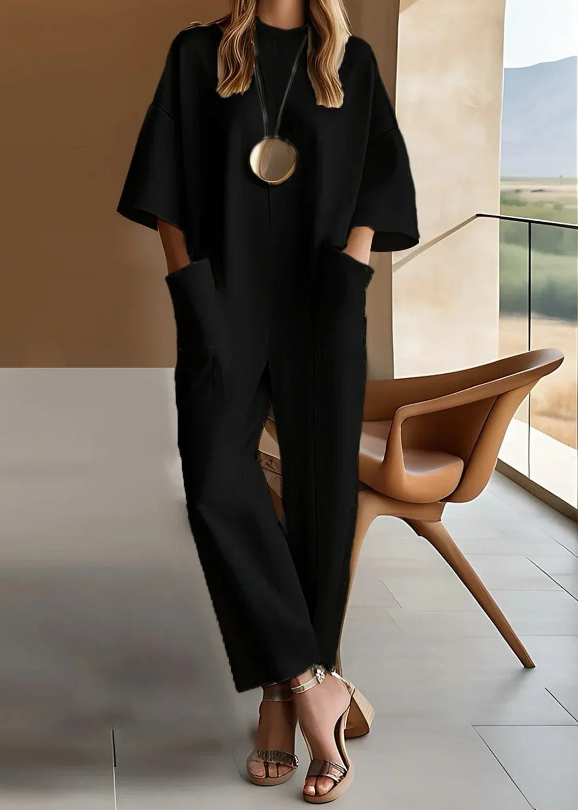 Women's Wide Leg Jumpsuit with Short Sleeves and Crew Neck
