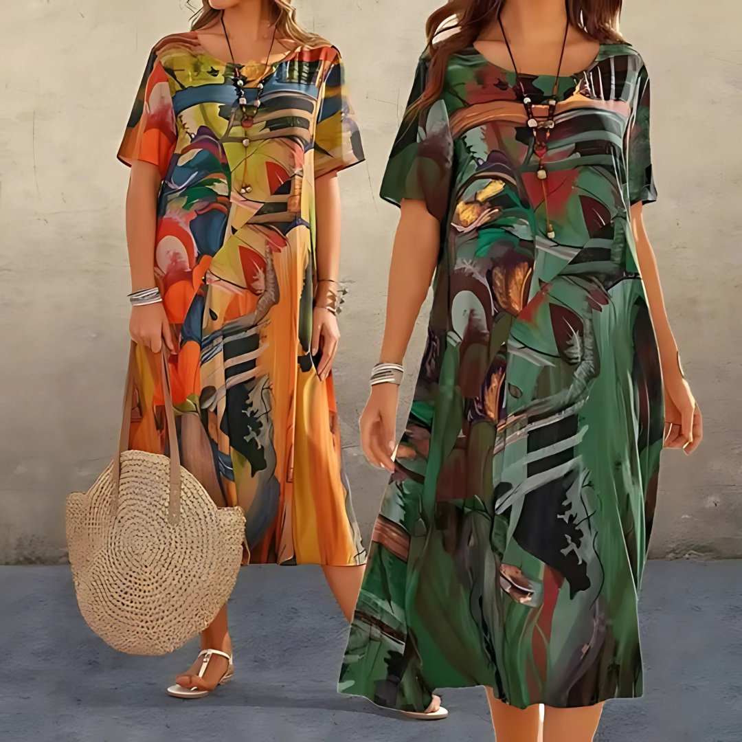 Women's Floral Dress with A-Line Cut and Short Sleeves