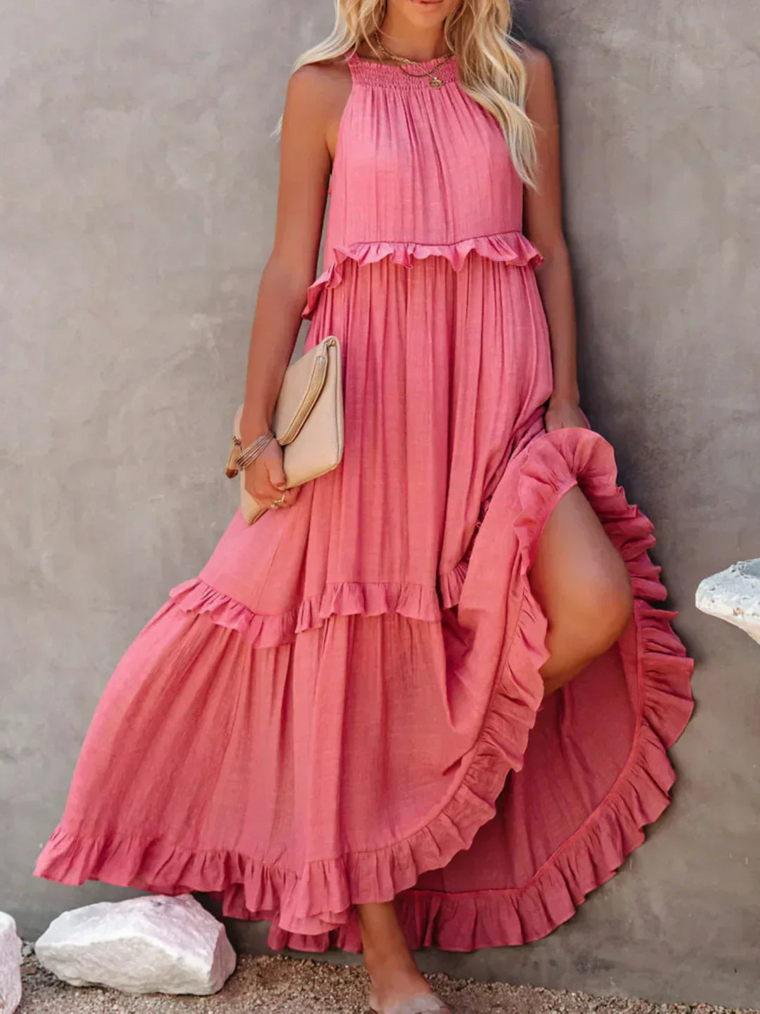 Women's Sleeveless Dress with Ruffles and Flowy Design