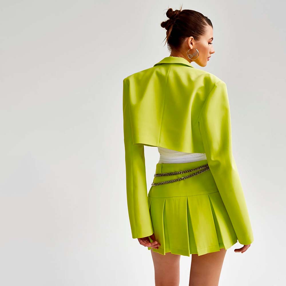 Women's Cropped Double-Breasted Blazer and Pleated Mini Skirt Set | Notch Lapels and Box Pleats