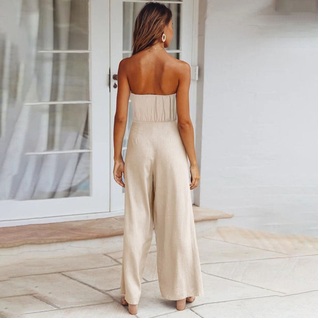Women's Wide Leg Jumpsuit with Strapless Design and Tie Waist