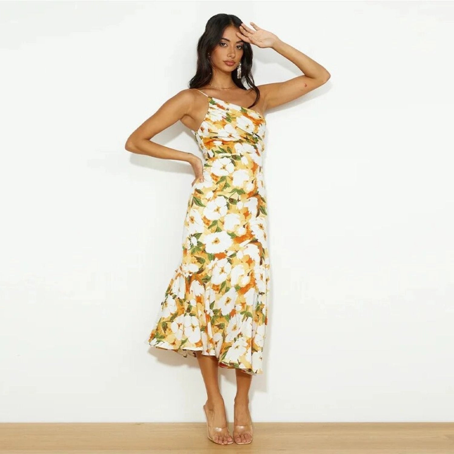 Women's Maxi Dress with Asymmetrical Cut and Floral Design