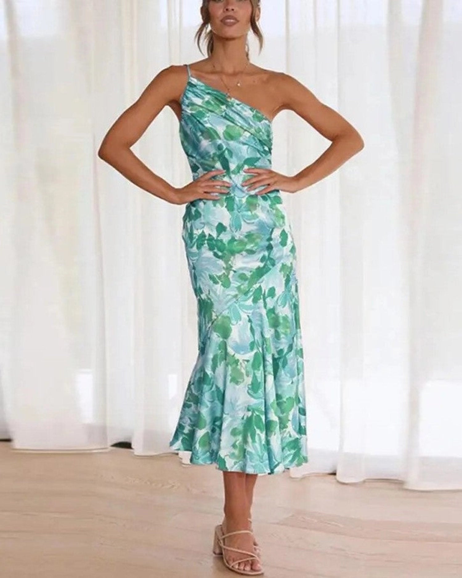 Women's Maxi Dress with Asymmetrical Cut and Floral Design