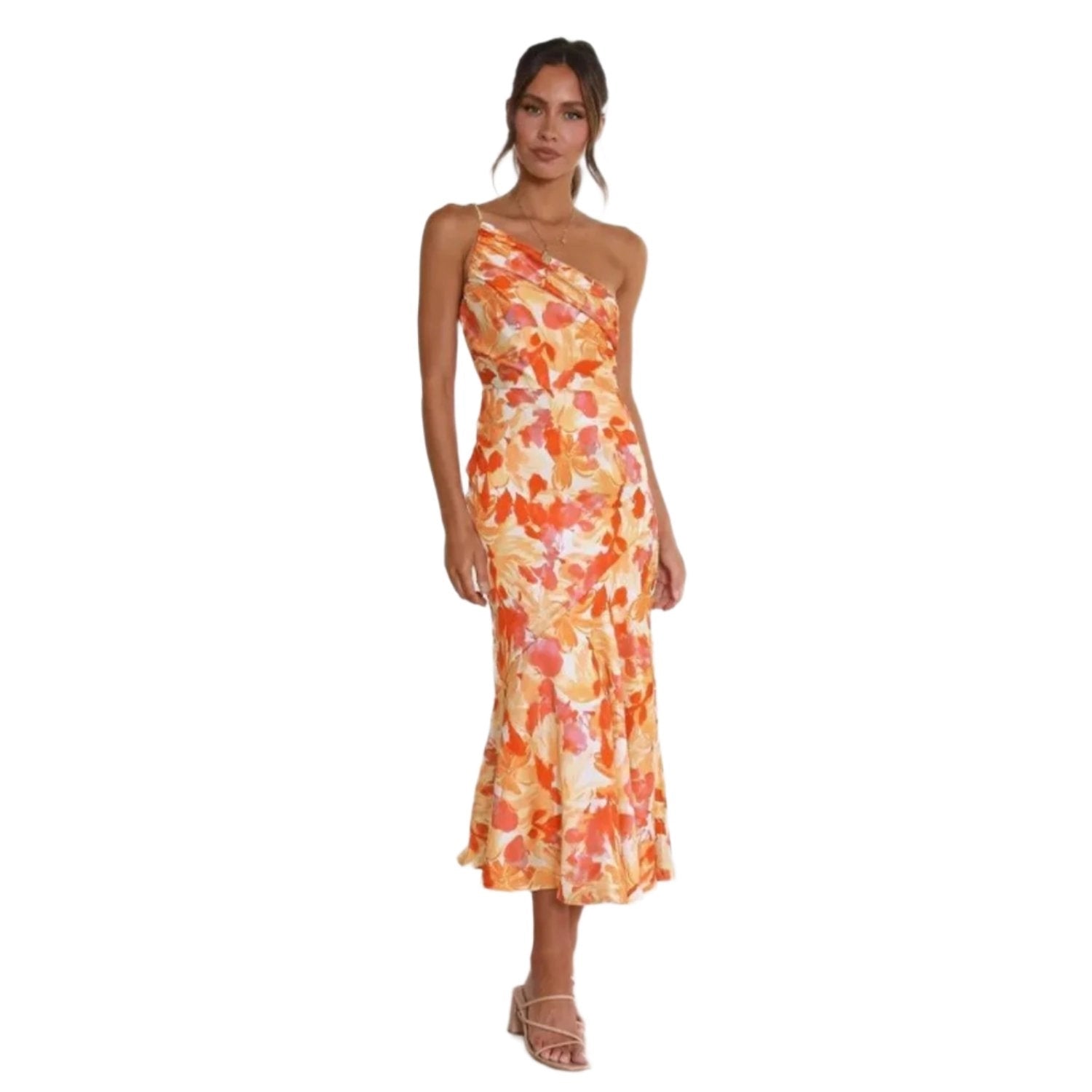 Women's Maxi Dress with Asymmetrical Cut and Floral Design