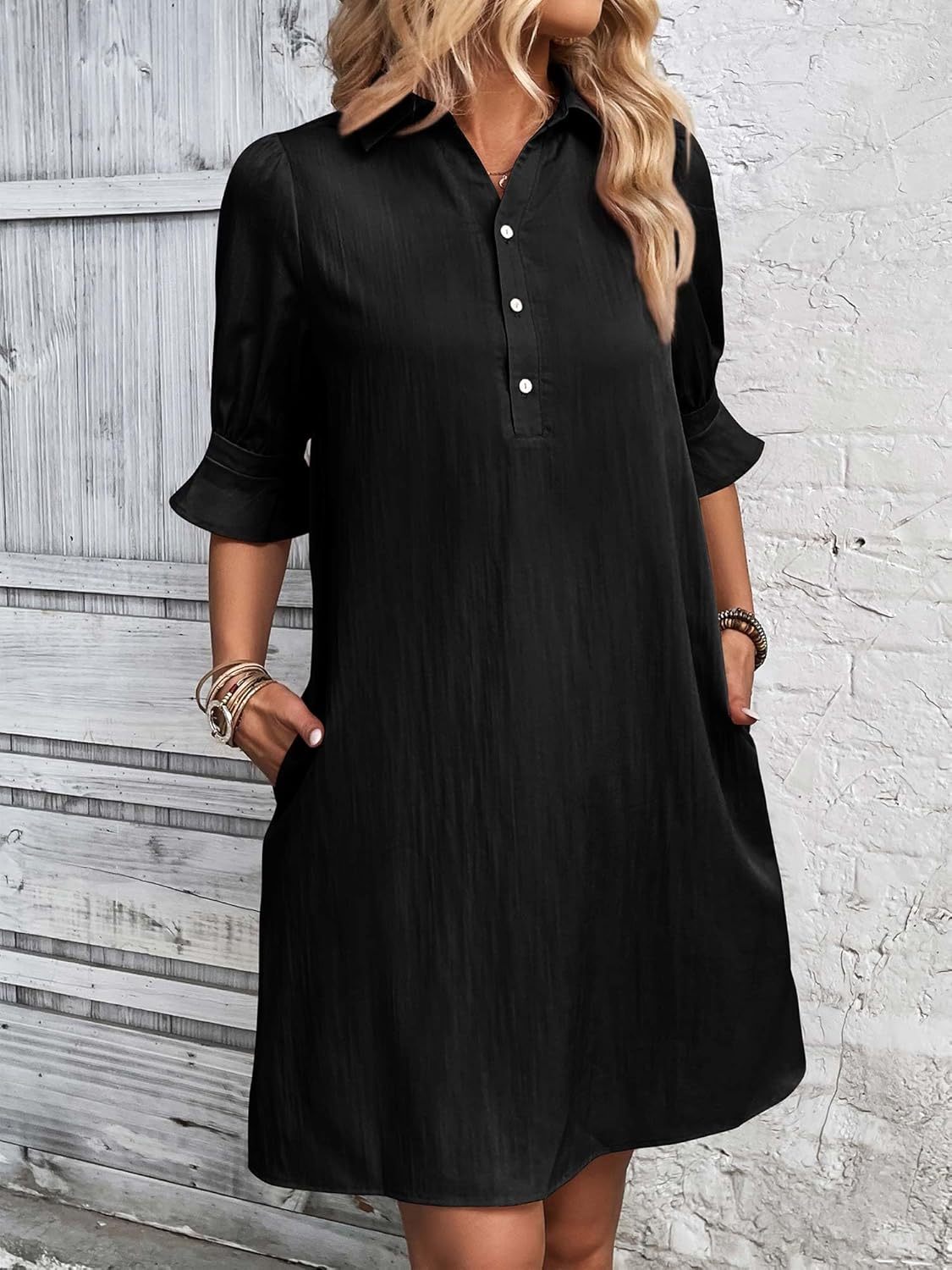 Women's Button-Down Shirt Dress with 3/4 Sleeves and Knee Length