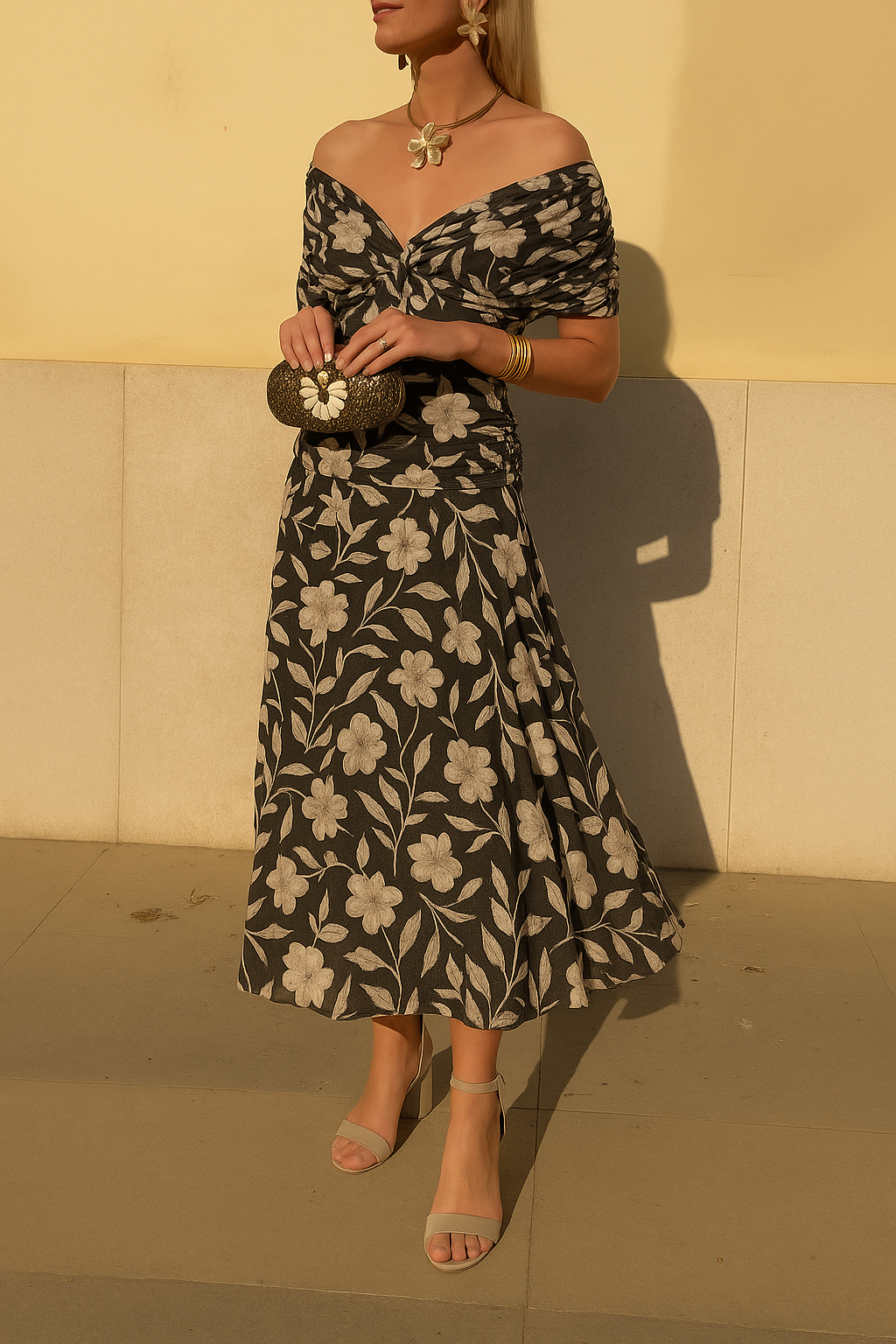 Women's Off-Shoulder Midi Dress with Floral Design and Flowing Skirt