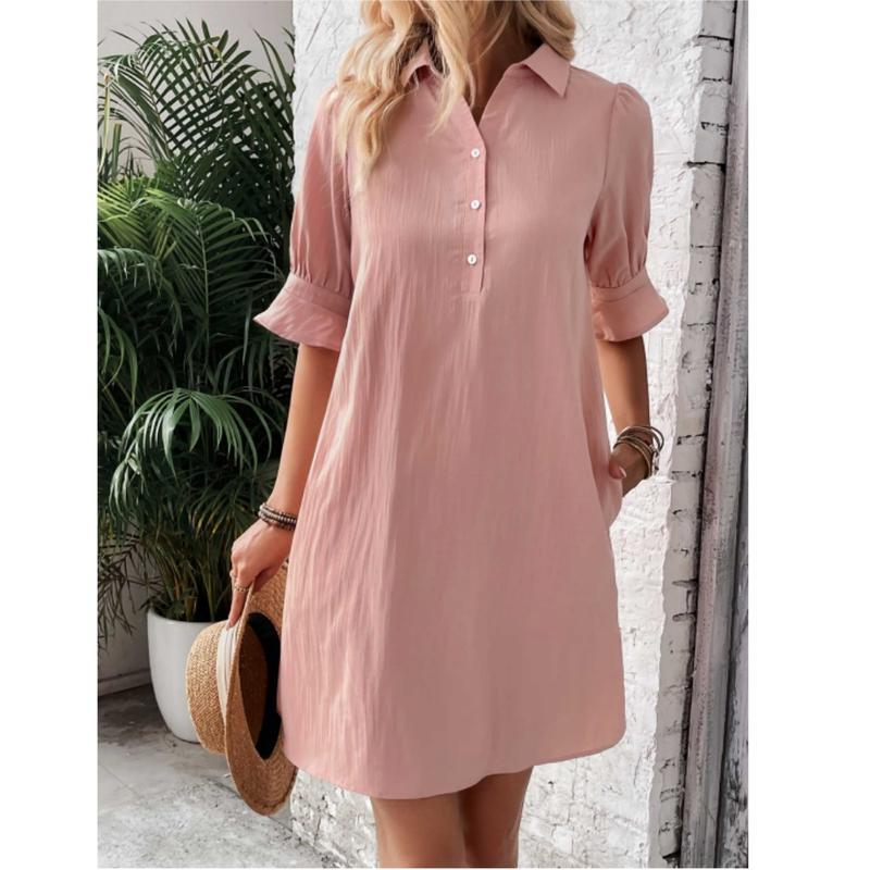 Women's Button-Down Shirt Dress with 3/4 Sleeves and Knee Length