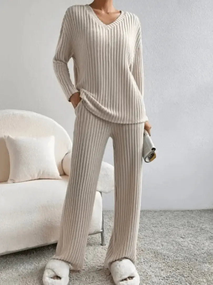 Harriet | Ribbed Knit Lounge Set Sky Blue V-Neck Long Sleeve for Women