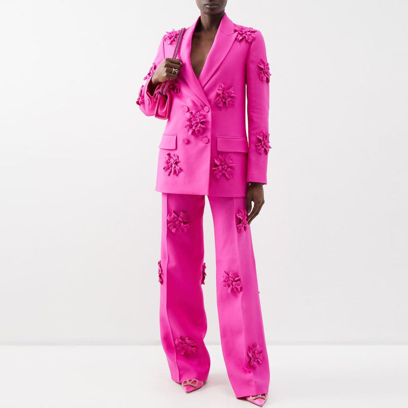 Women's Double-Breasted Blazer and Wide-Leg Pants Dressy Set | 3D Flower Appliques