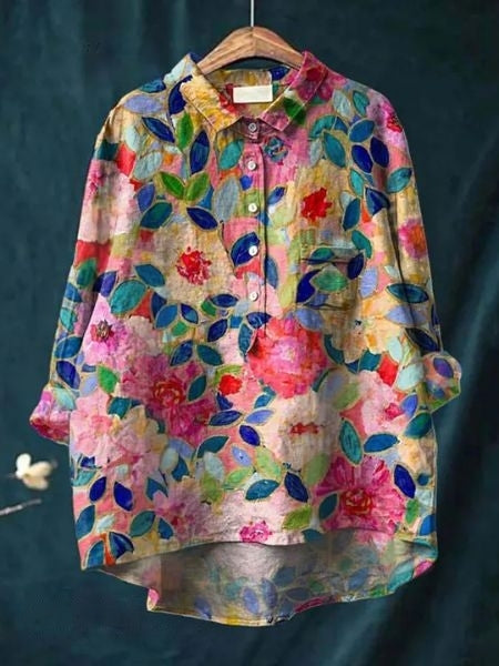 Women's Floral Blouse with Short Sleeves and Lightweight Fabric