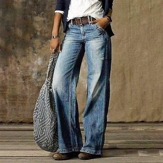 Women's Wide Leg Denim Jeans with High Waist and Retro Flare