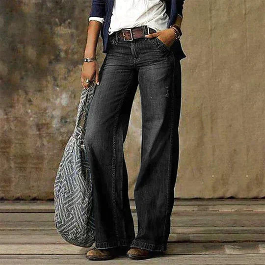 Women's Wide Leg Denim Jeans with High Waist and Retro Flare