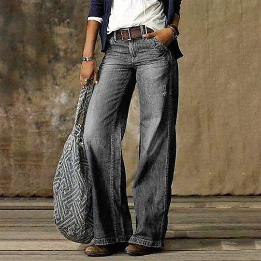 Women's Wide Leg Denim Jeans with High Waist and Retro Flare