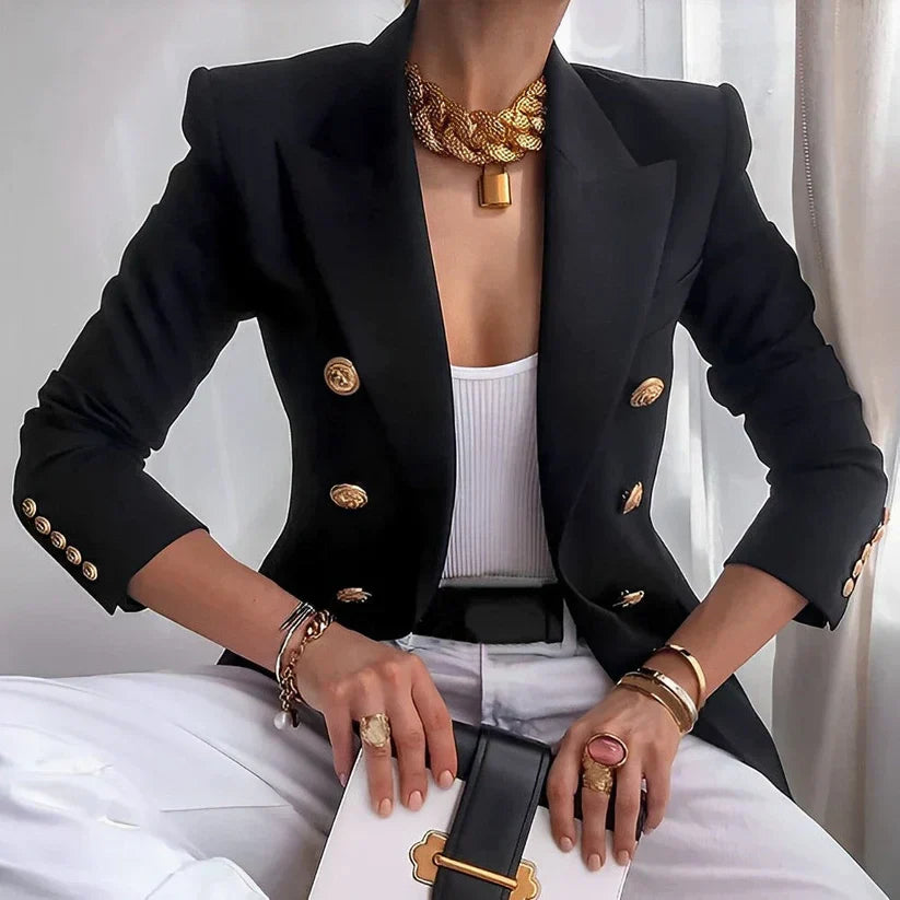 Women's Double-Breasted Blazer with Gold Buttons and Tailored Fit