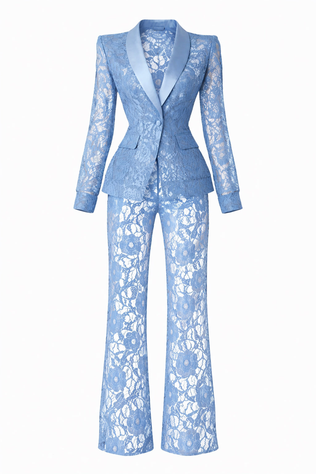 Women's Single-Button Shawl Collar Lace Blazer and Wide-Leg Pants Dressy Set | Two-Piece