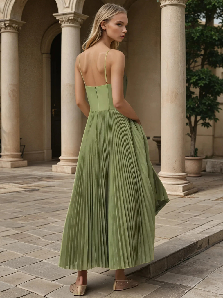 Women's Pleated Maxi Dress with Sculpted Design and Flowy Silhouette