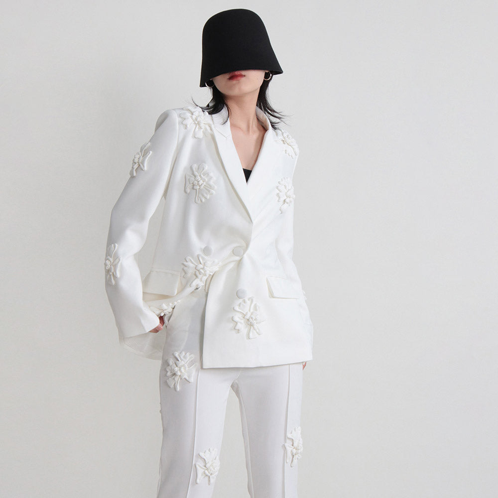 Women's Double-Breasted Blazer and Wide-Leg Pants Dressy Set | 3D Flower Appliques