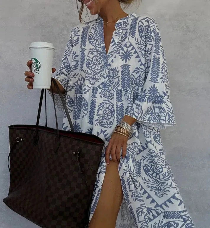 Women's Boho Print Swing Dress with V-Neck and 3/4 Sleeves