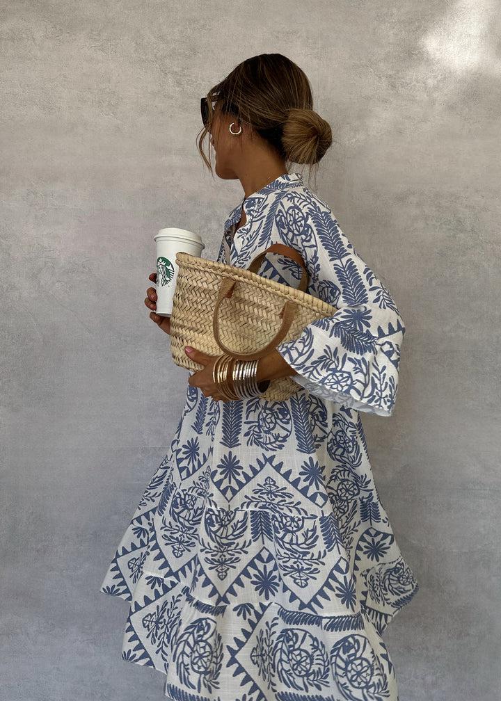 Women's Boho Print Swing Dress with V-Neck and 3/4 Sleeves