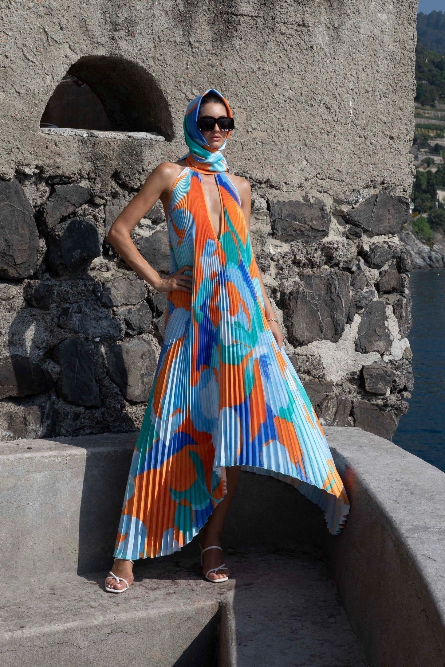Women's Pleated Halter Maxi Dress with Flowing Skirt and Elegant Design