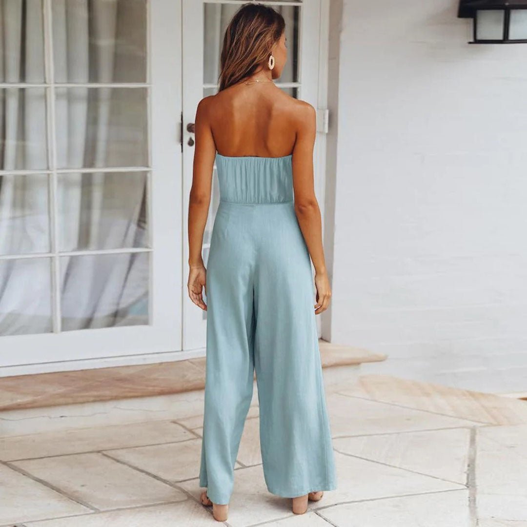 Women's Wide Leg Jumpsuit with Strapless Design and Tie Waist