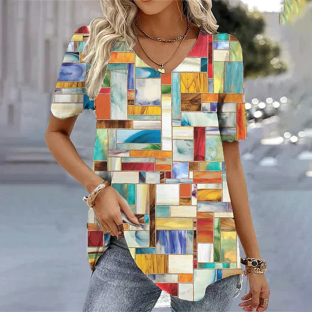 Women's Striped V-Neck Top with Short Sleeves and Soft Fabric