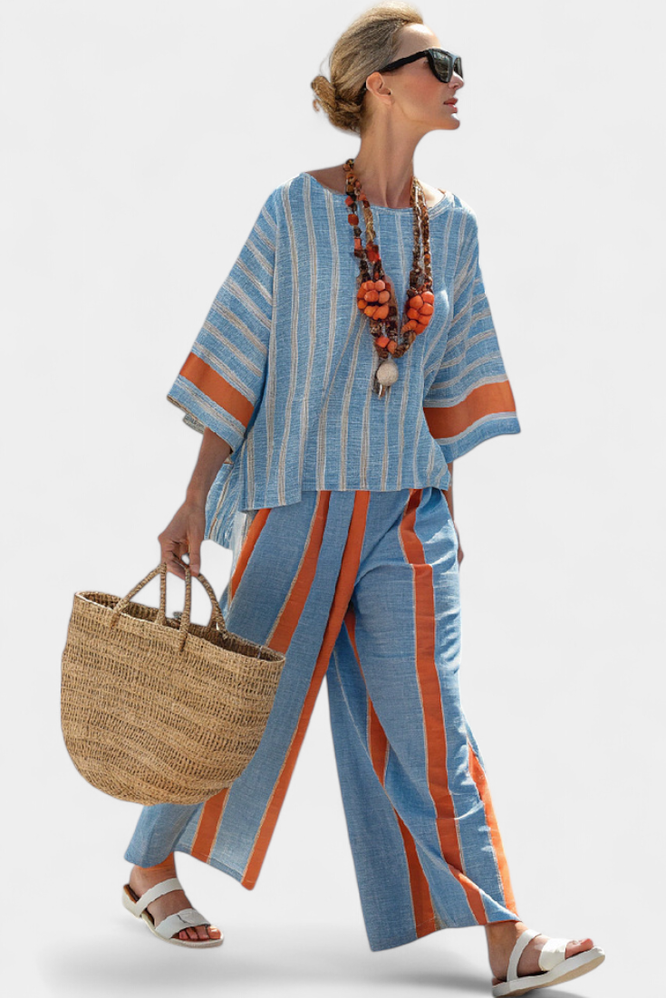 Women's Striped Two-Piece Set with Wide Leg Pants and Short Sleeve Top
