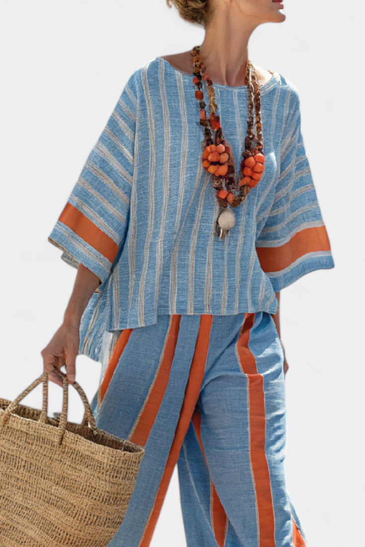 Women's Striped Two-Piece Set with Wide Leg Pants and Short Sleeve Top
