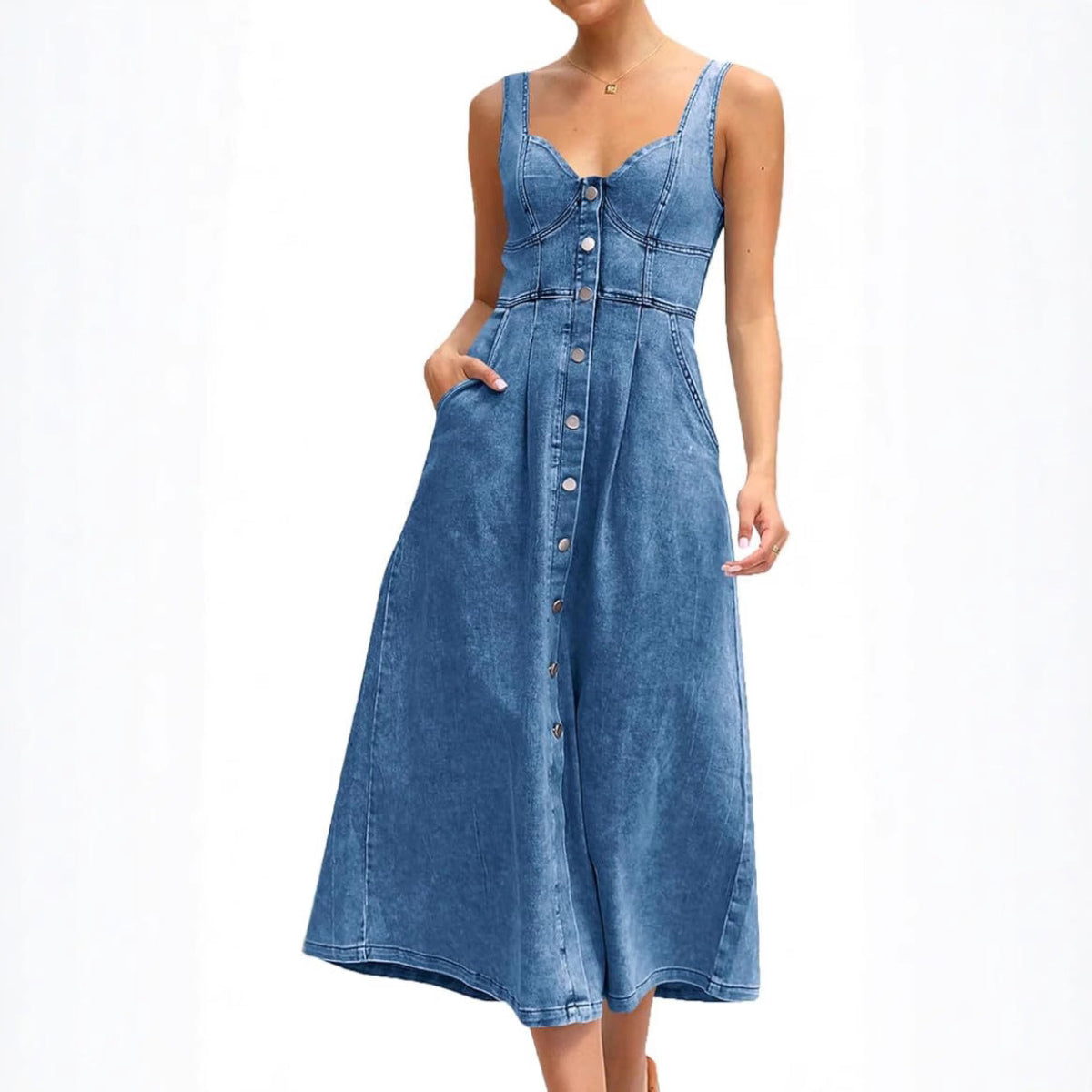 Women's Sleeveless Denim Dress with Button Front and Classic Style