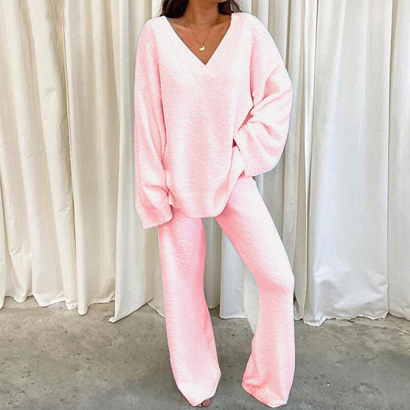 REBECCA™ - Women’s 2-Piece Lounge Set Soft Chunky V-Neck Top & Wide Leg Pants for Homewear