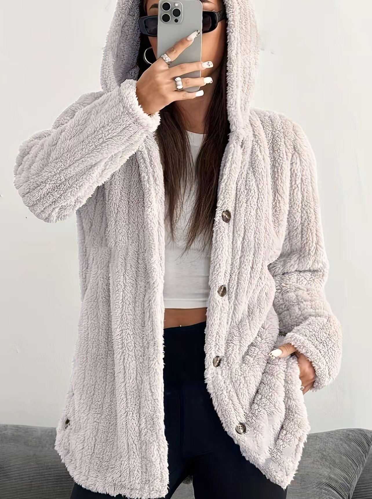 Women's Hooded Cardigan with Front Pockets and Long Sleeves