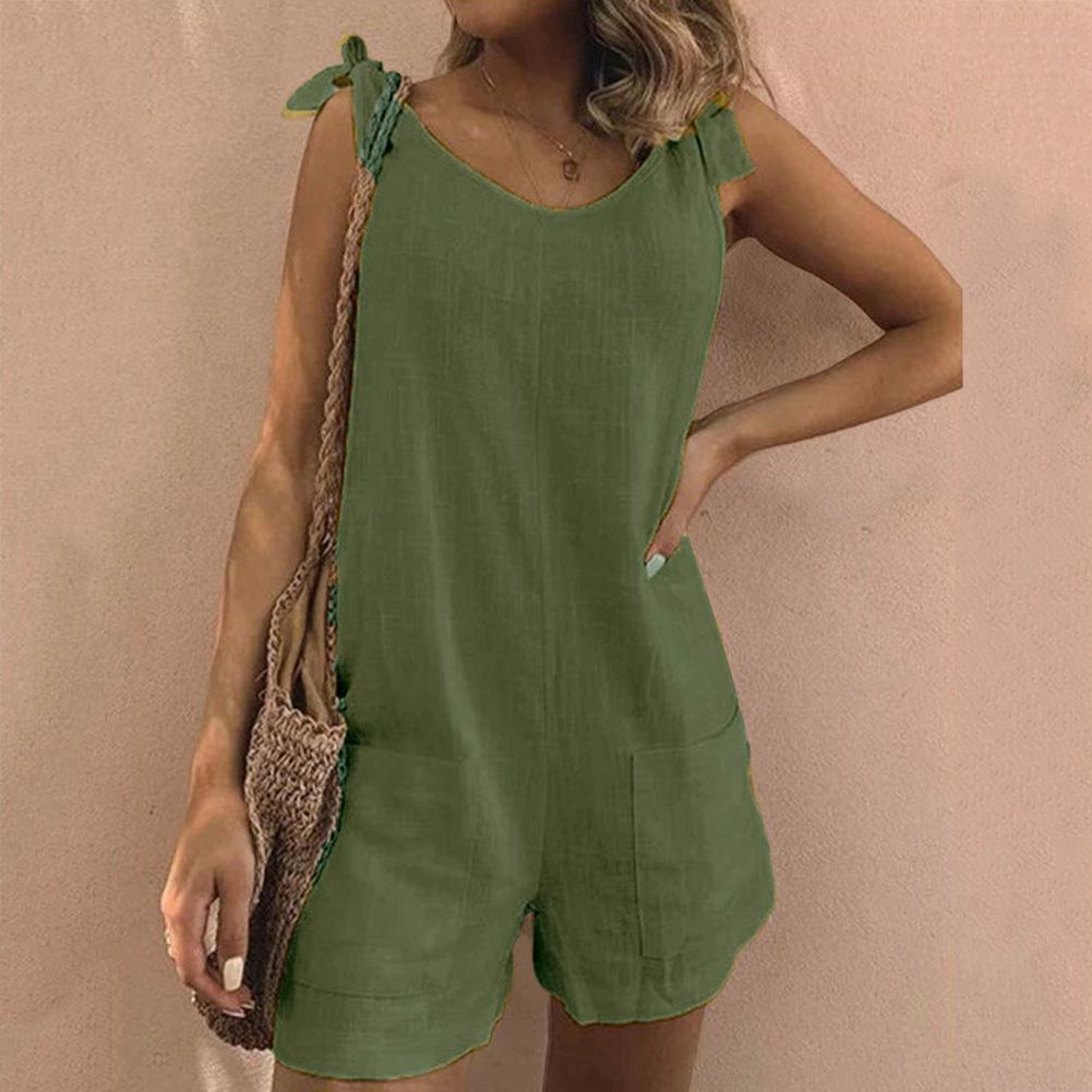 Women's Bow Strap Playsuit with Pocket Design and Adjustable Straps