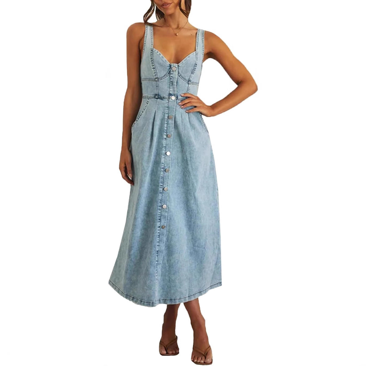 Women's Sleeveless Denim Dress with Button Front and Classic Style