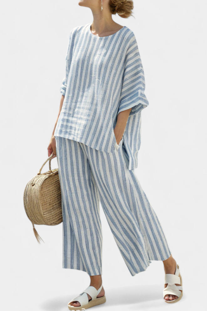 Women's Striped Top with Wide Leg Trousers Set