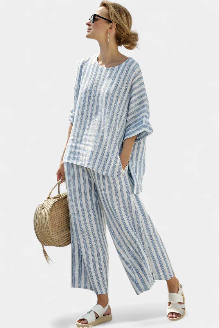 Women's Striped Top with Wide Leg Trousers Set