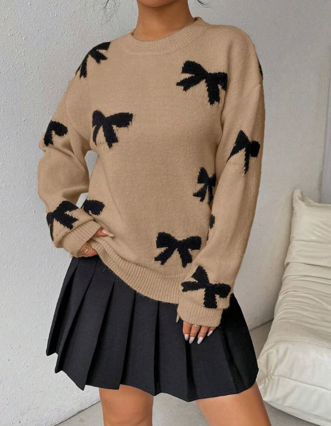 FRANCES™ - Fashionable Bow Print O-Neck Knit Winter Sweater Pullover